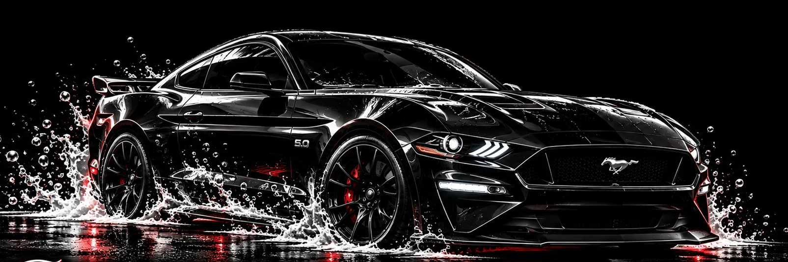 Illustration of a glossy black sports car surrounded by water splashes